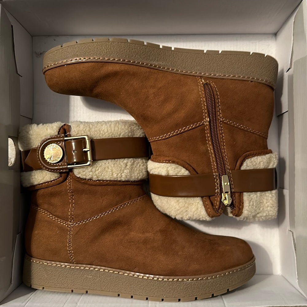 Marc Fisher fold over Sherpa cuff with buckle and side zip suede booties.